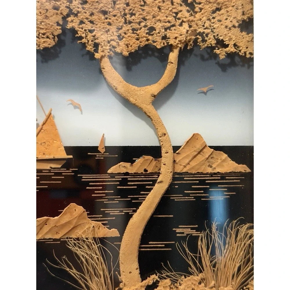 Carved Cork Asian Scene Framed Artwork Birds, Tree, Sailboat, Water